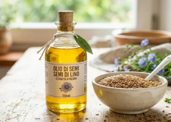 Bottiglia di olio di semi di lino estratto a freddo accanto a una ciotola di semi dorati su un tavolo rustico.