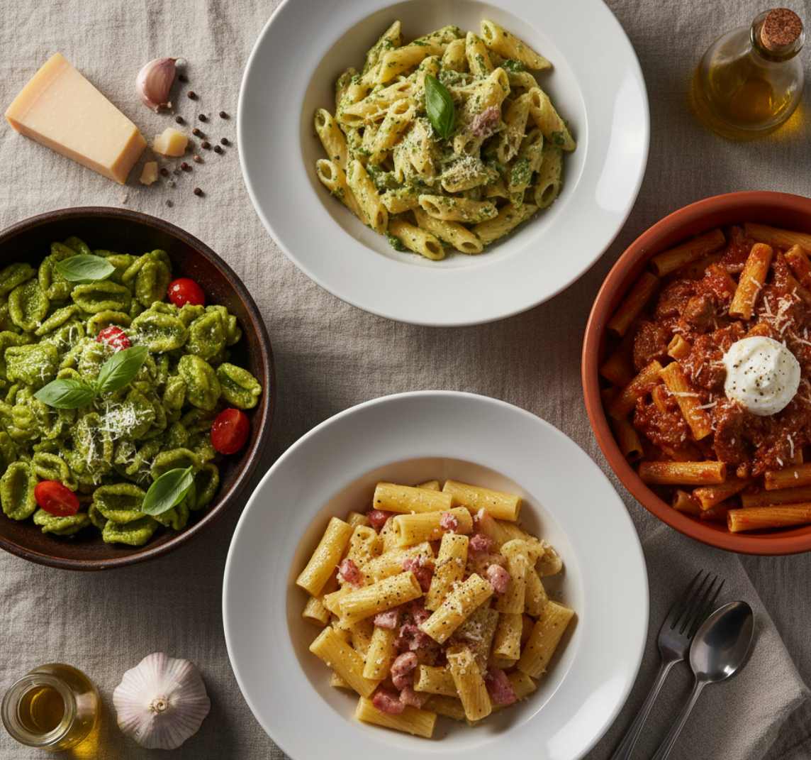 Quattro piatti di pasta tipica italiana visti dall'alto: mezze maniche alla carbonara, orecchiette al pesto di cime di rapa, penne rigate cremose e rigatoni al ragù con ricotta, circondati da ingredienti freschi come aglio e parmigiano.