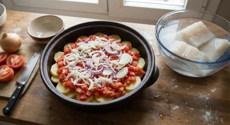 Lavate i pomodori e tagliateli a cubetti. Aggiungeteli alle patate, coprendole completamente. Sbucciate la cipolla e tagliatela a fette abbastanza sottili. Coprite la verdura nella pentola con la cipolla. Preparate il baccalà. Se è molto salato, mettetelo ammollo in acqua per mezz’ora.