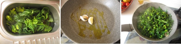 Mettete gli spinaci nell‘acqua fredda per 10 minuti. Intanto versate un po’ di olio sulla padella, schiacciate l’aglio e fate soffriggere per qualche minuto. Scolate gli spinaci, asciugateli e tagliateli finemente, quindi saltateli nella padella con l’aglio. Aggiungete un po’ di sale e un po’ di peperoncino.