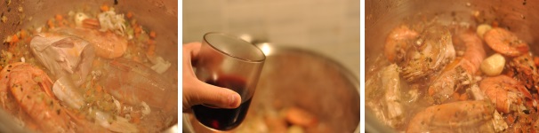 Tagliate la gallinella a pezzi grossolani e unitela agli altri pesci in cottura; mescolate e sfumate con il bicchiere di vino rosso proseguendo la cottura per circa 8 minuti e lasciando evaporare l’alcool. Mescolate, regolate di sale e pepe e lasciate asciugare il più possibile la base, facendo però attenzione a non far attaccare nulla alla pentola.