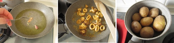 Versate l‘olio nella padella. Schiacciate gli spicchi d‘aglio e soffriggeteli per qualche minuto sulla fiamma bassa per insaporire l’olio. Friggete i calamari impanati per circa 4 minuti. Scolate e fate raffreddare le patate, poi sbucciatele e tagliatele a cubetti non troppo grandi.
