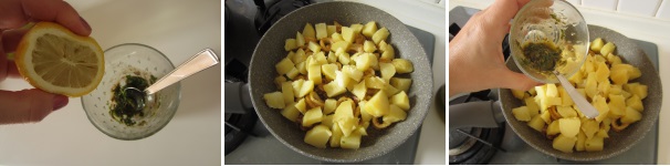 In un bicchiere preparate il condimento. Unite la pasta di acciughe con olio, succo di limone quanto basta, sale, pepe e prezzemolo precedentemente lavato, asciugato e tagliato finemente Mescolate tutto per ottenere una consistenza omogenea. Unite le patate ai calamari e saltate sulla fiamma bassa per qualche minuto. Aggiungete il condimento e rimescolate bene ma delicatamente per non schiacciare le patate.