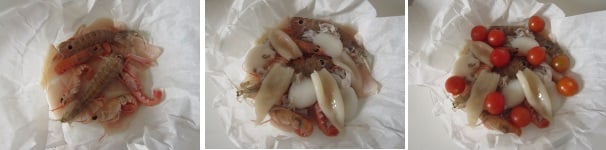 Lavate i filetti di pesce sotto acqua fredda ed asciugateli. Tagliateli a pezzi grossolani e metteteli in fondo alla teglia. Lavate le canocchie e mettetele sopra. Pulite i calamari e le seppie ed aggiungetele al resto. Sopra disponete i pomodorini. 