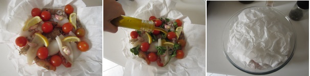 Decorate tutto con le fette di limone e con gli spicchi d’aglio schiacciati. Aggiungete le foglie di prezzemolo e condite con olio. Salate e pepate a piacere. Avvolgete i frutti di mare con la carta da forno e mettete in forno preriscaldato a 180 gradi per 25 minuti.