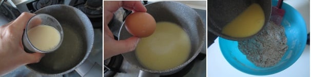In una casseruola sciogliete il burro. Fatelo raffreddare bene ed aggiungete il latte e un uovo. Mescolate bene e versate il composto liquido nella farina, quindi impastate bene per incorporare gli ingredienti liquidi nella farina.