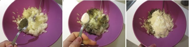 Mettete la cipolla tritata in una ciotola ed aggiungete la menta (io ho usato quella essiccata). Salate secondo il vostro gusto ed aggiungete la farina.