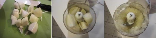 Sbucciate le cipolle e tagliatele a cubetti, quindi trasferitele in un mixer e tritatele molto finemente.