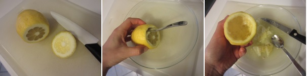 Lavate il limone con una spugna e poi asciugatelo accuratamente. Tagliate la calotta e, aiutandovi con un cucchiaino e con un coltello, estraete tutta la polpa, facendo attenzione a non danneggiare la buccia.