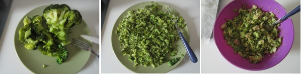 Fate raffreddare il broccolo, tagliate via il gambo e schiacciate il resto con una forchetta. Aggiungete il broccolo al pane con la scamorza e rimescolate bene tutto.