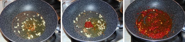 In una padella profonda preparate un soffritto con olio, aglio tritato e peperoncino, a cui unirete il concentrato di pomodoro che diluirete con qualche cucchiaio di acqua.