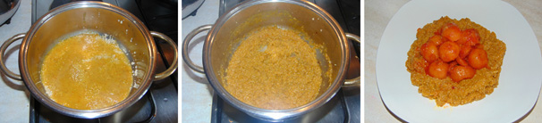 Non appena la quinoa si sarà leggermente tostata, portatela a cottura, unendo un mestolo alla volta di passato di carote speziato. Cucinate la quinoa per almeno 20 minuti a fiamma bassa. Quando la quinoa sarà pronta, impiattate disponendola sul fondo del piatto con sopra la zucca cotta in precedenza.