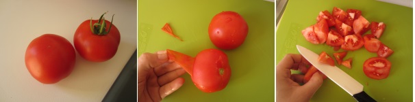 Scegliete dei pomodori rossi e molto maturi. Sbollentateli, togliete i gambi,  levate la pelle e tagliate i pomodori a pezzettini.