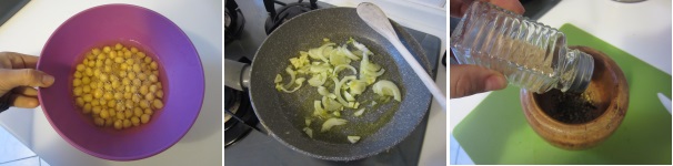 Mettete i ceci in ammollo per tutta la notte. Scolateli e metteteli in 500 millilitri di acqua. Versate l’olio nella padella e fatelo riscaldare. Sbucciate la cipolla e l’aglio, tagliate la cipolla a fette fini e soffriggetela insieme all’aglio. Versate le spezie in un mortaio. Aggiungete il sale e pestate per ottenere una miscela sabbiosa.