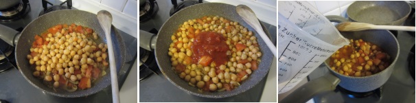 Scolate  i ceci ed aggiungeteli al resto insieme con il concentrato di pomodoro. Rimescolate tutto. Aggiungete l’acqua e coprite. Cuocete a fiamma bassa per circa 30 minuti.