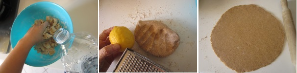 Aggiungete un po’ di acqua e iniziate lavorare con le mani. Lavorate poco ma unite bene tutti gli ingredienti, creando un panetto compatto ed omogeneo. Mettetelo per 15 minuti in frigorifero. Lavate ed asciugate il limone. Grattugiate la buccia del limone sull’impasto. Stendete l’impasto con un mattarello dandogli uno spessore di circa mezzo centimetro.