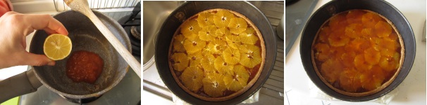 Preparate la copertura. Versate la confettura nella casseruola, aggiungete il succo di limone e bollite fin quando non si ritirerà. Sfornate la torta e coprite con le fette di arancia. Versate sopra la copertura di marmellata e mettete in frigorifero per circa 30 minuti.