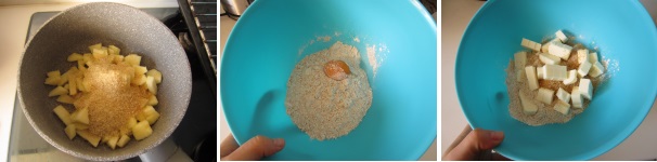 Lavate le mele, sbucciatele e togliete il torsolo. Tagliatele a cubetti. In una casseruola mettete le mele, 100 grammi di zucchero e mescolate a fuoco lento, per circa 15 minuti, fin quando lo zucchero non si caramellizza. Setacciate la farina in una ciotola. Versate un tuorlo ed aggiungete lo zucchero. Tagliate il burro a cubetti ed aggiungetelo al resto. Lavate le mele, sbucciatele e togliete il torsolo. Tagliatele a cubetti. In una casseruola mettete le mele, 100 grammi di zucchero e mescolate a fuoco lento, per circa 15 minuti, fin quando lo zucchero non si caramellizza. Setacciate la farina in una ciotola. Versate un tuorlo ed aggiungete lo zucchero. Tagliate il burro a cubetti ed aggiungetelo al resto.
