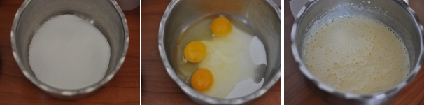 In una ciotola unite lo zucchero e le uova. Montate con le fruste elettriche per una decina di minuti in modo da ottenere un composto gonfio e spumoso.