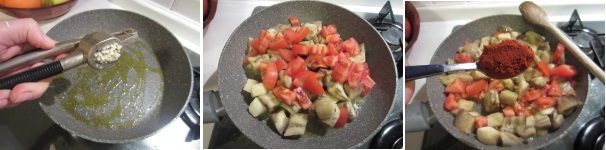 Riscaldate un po’ di olio in una padella. Sbucciate l’aglio e schiacciatelo, quindi aggiungetelo all’olio. Disponete sopra le melanzane e mescolate con uno mestolo. Lavate i pomodori e tagliateli a cubetti. Aggiungeteli alle melanzane. Rimescolate tutto e cospargete con la paprika.