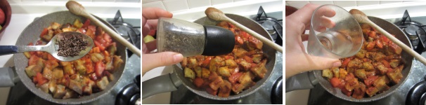 Aggiungete i semi di  cumino, il pepe e versate un po’ di acqua fredda per facilitare la cottura. Rimescolate tutto accuratamente.