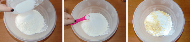 In una terrina setacciate la farina 00, a cui unirete lo zucchero semolato ed a seguire gli 8 grammi di lievito per dolci. Continuate aggiungendo la granella di mandorle.