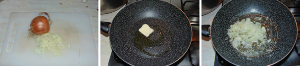 Iniziate la preparazione del sugo per la pasta. Tritate finemente la cipolla, intanto fate scaldare in una padella un filo d’olio ed il burro, quindi unite la cipolla tritata e lasciate che si rosoli bene.