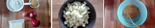 Iniziate subito sbucciando e tagliando a cubetti di circa 1 centimetro le mele. Tenetele da parte. Sciogliete al microonde il burro e tenete da parte anche questo. Iniziate a preparare l’impasto versando lo zucchero e l’uovo in una ciotola.