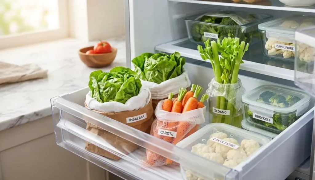 Cassetto del frigorifero organizzato con verdura a foglia verde, carote e contenitori in vetro per la conservazione