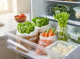 Cassetto del frigorifero organizzato con verdura a foglia verde, carote e contenitori in vetro per la conservazione