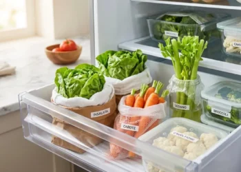 Cassetto del frigorifero organizzato con verdura a foglia verde, carote e contenitori in vetro per la conservazione