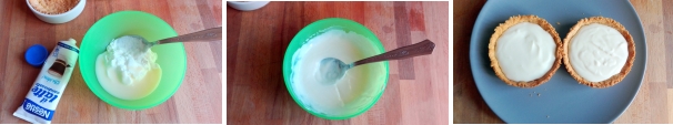Versate lo yogurt in una ciotola e aggiungete il latte condensato. Mescolate fino ad ottenere una crema omogenea. Riempite i gusci di pasta frolla con la crema di yogurt e trasferite in frigorifero a rassodare per 30 minuti.