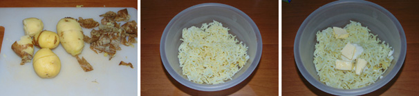 Preparate le patate che serviranno a coprire il tortino di pesce. Pelate le patate lesse, schiacciatele ed unitevi il burro a pezzetti.