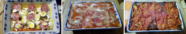 Ricopriteli con uno strato di polpettine, qualche fettina di uovo sodo, il salame, la ricotta a ciuffetti e i cubetti di mozzarella. Completate con uno strato di ragù e una spolverata di parmigiano grattugiato. Ricoprite con uno strato di lasagna e procedete a strati terminando tutti gli ingredienti. Concludete con uno strato di lasagna, ricoprite la superficie con il ragù di carne e con abbondante parmigiano grattugiato. Infornate a 200 gradi per 30 minuti circa. Sfornate le lasagne e fatele riposare per 10 minuti prima di servirle ai vostri ospiti.