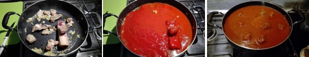 Iniziate dalla preparazione del ragù di maiale. Tritate le cipolle e fatele rosolare in un tegame con l’olio extravergine d’oliva, aggiungete la carne di maiale mista – che servirà per insaporire il sugo – e fatela rosolare per 5 minuti da tutti i lati. Sfumate con il vino bianco, fate evaporare l’alcool, quindi aggiungete la passata di pomodoro e aggiustate di sale. Mescolate e portate lentamente ad ebollizione. Coprite e cuocete a fuoco bassissimo per almeno due ore.