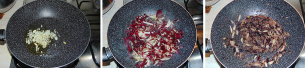 Preparate il soffitto per cucinare il radicchio. Pulite la cipolla e tritatela finemente, quindi fatela rosolare a fuoco lento in qualche cucchiaio di olio extravergine di oliva. Non appena la cipolla sarà bionda e morbida, unite il radicchio lavato e tagliato a listarelle, salate leggermente, copritelo con un coperchio e fatelo appassire a fiamma lieve, ma senza farlo bruciare.