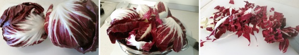 Prendete il radicchio, lavatelo con cura sotto l’acqua corrente, scolatelo e tagliatelo a listarelle sottili.