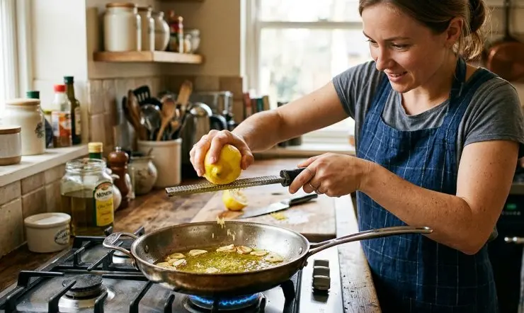 Preparate il condimento. Versate un po’ di olio nella padella. Sbucciate l’aglio e schiacciatelo con l’apposito strumento. Distribuite bene la polpa con uno mestolo. Accendete il fuoco e riscaldate l’olio sulla fiamma molto bassa. Lavate il limone con una spugna e asciugatelo bene. Grattugiate la buccia del limone e rimescolate bene.