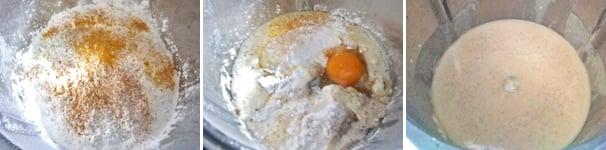 Aggiungete nel boccale le farine, la fecola di patate (o frumina), l’olio di mais, l’uovo, il succo di frutta, il lievito per dolci, il bicarbonato, la buccia d’ arancia e la cannella, quindi mescolate per 40 secondi a velocità 4. Spatolate raggruppando l’impasto sul fondo del boccale.