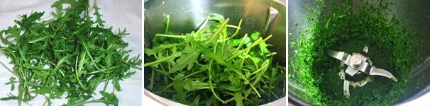 Dopo aver lavato ed asciugato accuratamente la rucola, mettetela nel boccale del bimby e tritate per 5 secondi a velocità 7. Spatolate per riunire la rucola sul fondo.