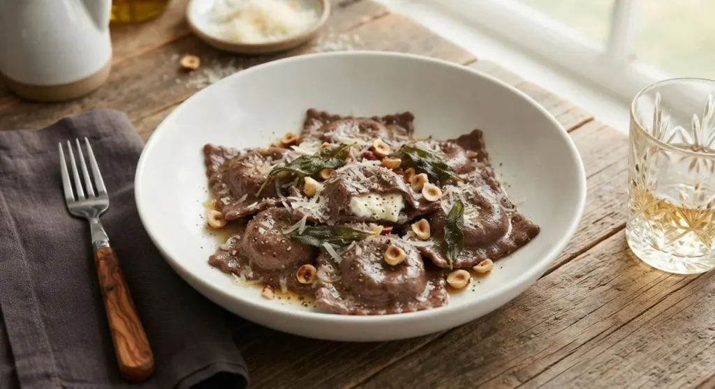 Ravioli al cacao con cuore di caprino - Piatto pronto Ravioli al cacao con cuore di caprino impiattati in un piatto fondo bianco su un tavolo di legno rustico