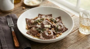 Ravioli al cacao con cuore di caprino impiattati in un piatto fondo bianco su un tavolo di legno rustico