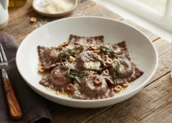 Ravioli al cacao con cuore di caprino impiattati in un piatto fondo bianco su un tavolo di legno rustico