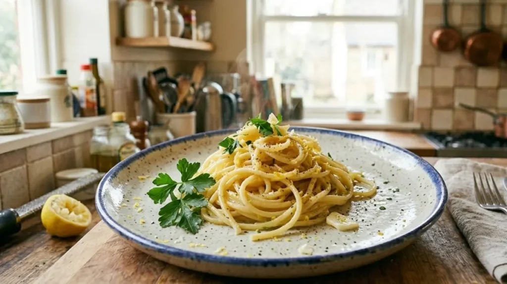 Piatto di spaghetti al limone cremosi decorati con scorza di limone grattugiata, pepe nero e prezzemolo fresco, serviti su un tavolo di legno in cucina.