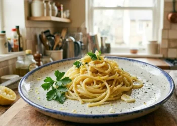 Piatto di spaghetti al limone cremosi decorati con scorza di limone grattugiata, pepe nero e prezzemolo fresco, serviti su un tavolo di legno in cucina.