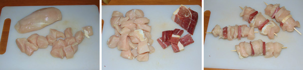 Preparate gli spiedini di carne tagliando il petto di pollo a tocchetti, tutti più o meno della stessa misura, in modo da avere una cottura uniforme. Continuate tagliando anche il prosciutto crudo in porzioni regolari, quindi formate gli spiedini, su stecchi di legno appositi, alternando il pollo ed il prosciutto secondo i vostri gusti.