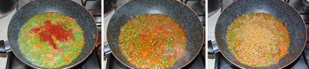 Aggiungete in tegame anche i pomodori pelati tagliati e salate leggermente, dunque proseguite la cottura a fuoco lento con coperchio per una decina di minuti. Unite la pasta al sugo, salate e portate tutto a cottura.