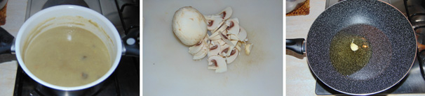 Una volta che la zuppa sarà pronta, eliminate il rametto di rosmarino e procedete alla preparazione dei funghi. Pulite accuratamente gli champignon e tagliateli a pezzetti non troppo piccoli. In una padella scaldate qualche cucchiaio di olio e lo spicchio di aglio schiacciato.