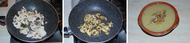 Non appena l’olio avrà iniziato a sfrigolare leggermente, unite i funghi e fateli cuocere velocemente, salate e toglieteli dalla fiamma. Componete la zuppa servendola in un piatto con i funghi adagiati sopra.