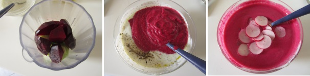 Sbucciate le barbabietole e tagliatele in quattro, quindi trasferitele nel frullatore. Frullate il tutto fino ad ottenere una consistenza omogenea e liscia. Unite il frullato al kefir e rimescolate. Tagliate i ravanelli a fette ed aggiungetele al chłodnik. Servite il chlodnik ben freddo, dopo aver aggiunto una spolverata di aneto e un filo d’olio.